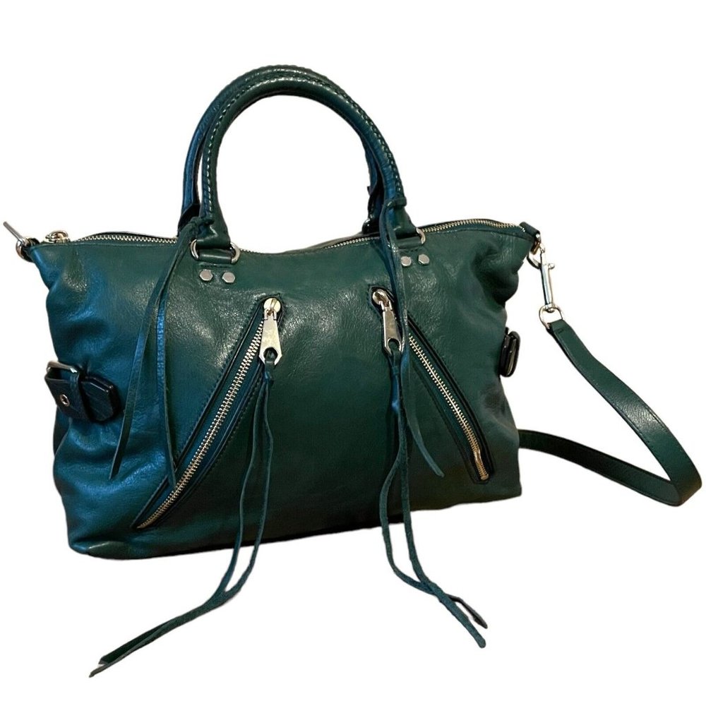 Rebecca Minkoff Large Moto Satchel Jungle Green Pebble Leather Crossbody Bag